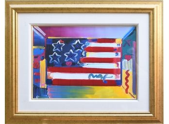 Peter Max Signed Acrylic Painting, Flag With Heart (CTF10)