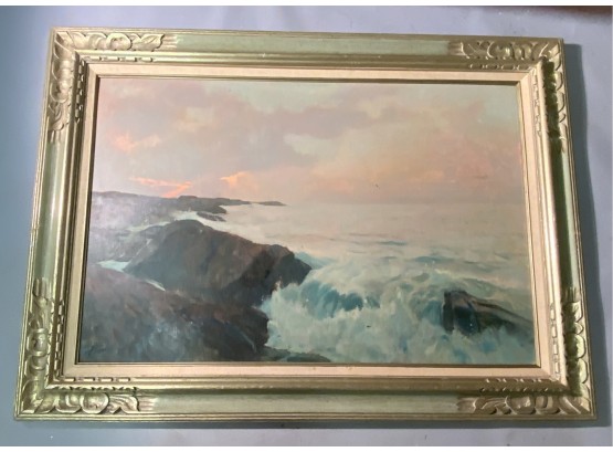 Frank Handlen Large 20th C. Oil On Board Sea Scape Under Pink Sky (CTF10)