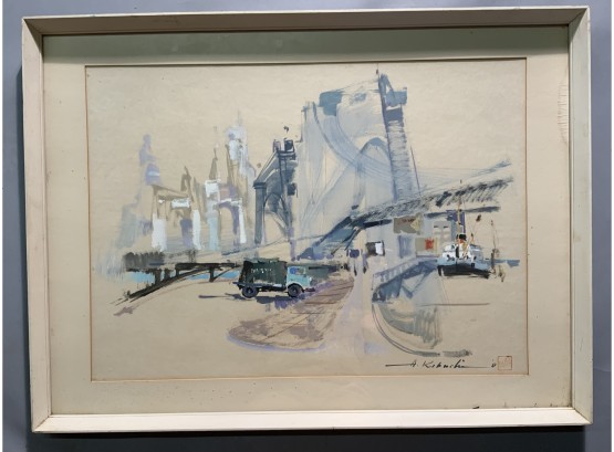 Atsuchi Kikuchi, 20th C. Abstract Watercolor, Truck Under Bridge At Waterfront (CTF10)