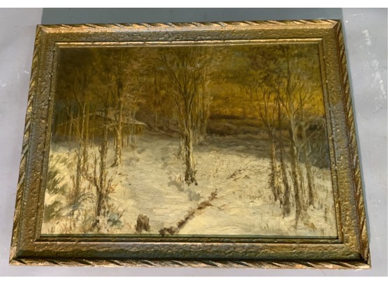 Unsigned 19th C. Oil On Canvas Of Cabin In Winter Woods (CTF10)