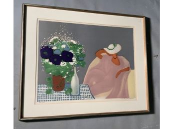 Marcelle Stoianovich Colored Lithograph Of Woman Sitting With Bouquet (CTF10)