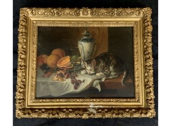 Joncherie 19th C. Oil On Canvas Of Cat , Fly, Fruit Still Life  (CTF10)