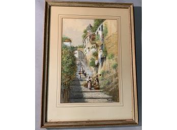 Gianni Italian Watercolor, Figures Walking Up A Hill Along An Ancient Wall  (CTF10)