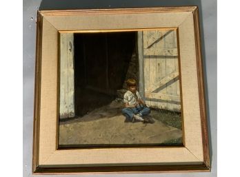 Unsigned Pleasant 20th C.  Painting On Board Child Playing Recorder (CTF10)