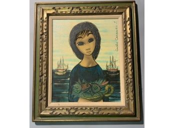 Carlo Carando Oil On Canvas 20th C., 'Big Eyes' Style Painting Of Girl (CTF10)
