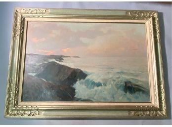 Frank Handlen Large 20th C. Oil On Board Sea Scape Under Pink Sky (CTF10)