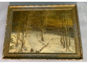 Unsigned 19th C. Oil On Canvas Of Cabin In Winter Woods (CTF10)