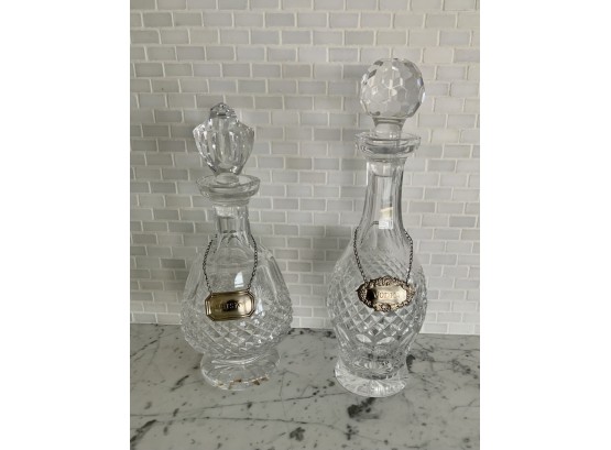 Two Waterford Colleen Pattern Decanters With Sterling Vodka & Whisky Hanging Labels  (CTF10)