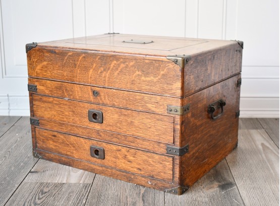 Antique Oak Two Drawer Lift-top Brass Bound Silver Chest (CTF10)