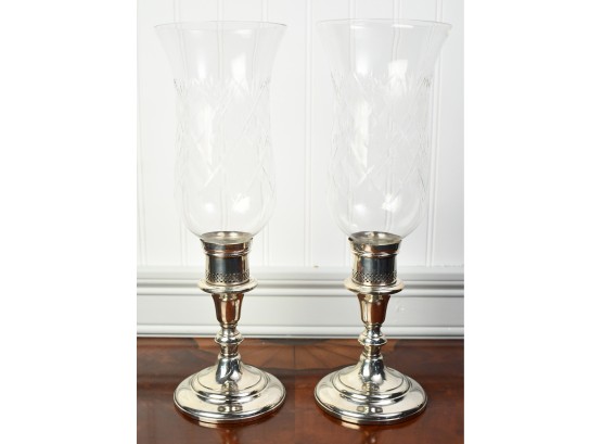 Weighted Sterling Candlesticks With Etched Glass Shades (CTF10)