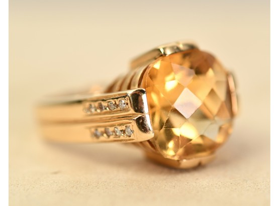 Large 14k Gold Citrine And Diamond Cocktail Ring (CTF10)