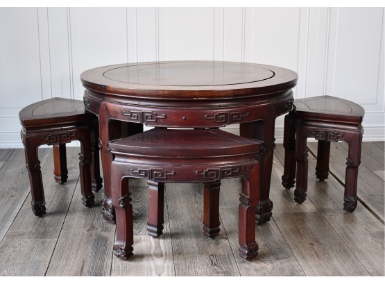 Chinese Carved Rosewood Low Table And Four Fitted And Matching Stool, Ca. 1930s-40s (CTF20)