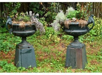 Pair Of Three Part Cast Iron Green Painted Garden Urns (CTF50)