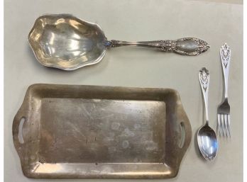 Sterling Silver Spoon, Sterling Tray & Edinburgh Scotland Sterling Silver Spoon And Fork, 12 Ozt (CTF10)