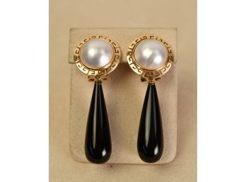 Vintage Mabe Pearl, Onyx  & 14K Gold Drop Earrings (CTF10)
