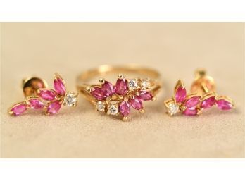 14k Gold Diamond And Ruby Ring And Earrings (CTF10)
