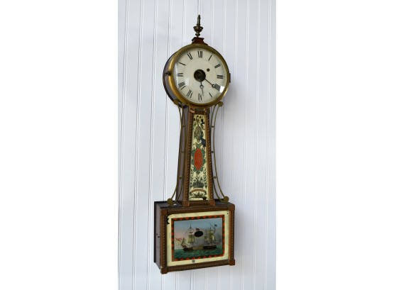 Antique Banjo Clock, Reverse Painted Ships Tablet  (CTF20)
