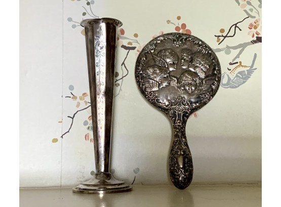 Sterling Trumpet Vase & Silver Art Nouveau Hand Mirror (cTF10)