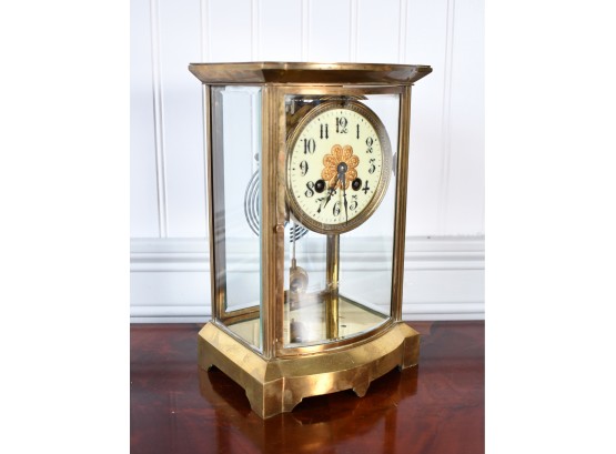 Early 20th C. French Brass And Glass Mantle Clock With Porcelain Dial (CTF10)