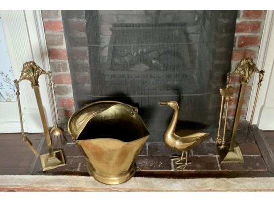 Brass Duck & Vintage Fireplace Tools, Screen, Bucket (CTF10)