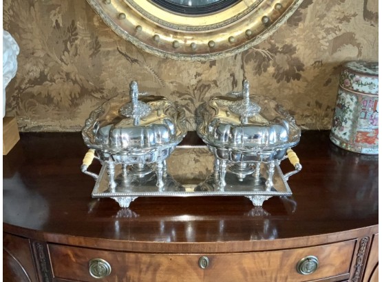 English Silver Plate Double Chafing Dish On Tray (CTF10)