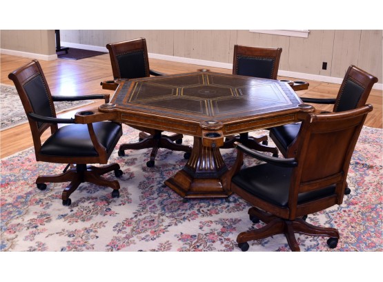 Maitland-Smith Hexagonal Leather Top Burl Wood Poker Table And Chairs (CTF50)