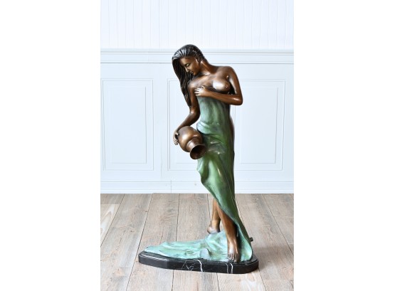 Contemporary Standing Partially Nude Bronze Fountain On Black Marble Base (CTF30)
