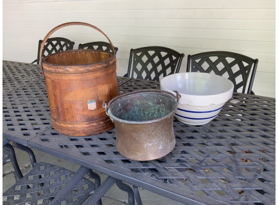 Vintage Firkin, Salt Glazed Bowl And Copper Pot (CTF10)