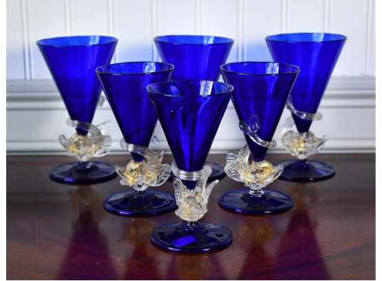 Venetian Cobalt Glass Wines With Fish Stems (CTF10)