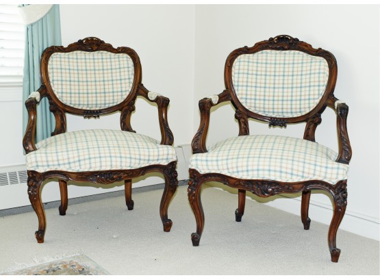 Pr Late 19th C. Carved Walnut French Open Armchairs (CTF30)