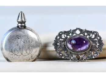 Amethyst And Silver Broach & Sterling Perfume Bottle (CTF10)