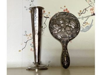 Sterling Trumpet Vase & Silver Art Nouveau Hand Mirror (cTF10)