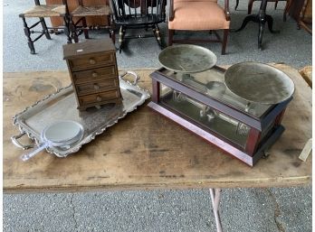 Vintage Collectible Lot: Antique Scale, Tray, Small Chest, Mirror (CTF10)