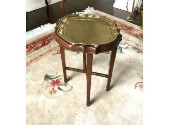 Ethan Allen Scalloped Brass Tray In A Fitted Cherry Stand (CTF10)