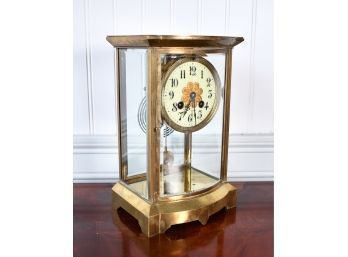 Early 20th C. French Brass And Glass Mantle Clock With Porcelain Dial (CTF10)