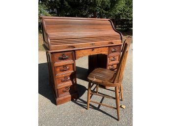 Victorian Walnut Roll Top Desk & Chair (CTF30)