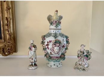 18th C. Porcelain Covered Urn & Two Figurines  (CTF10)