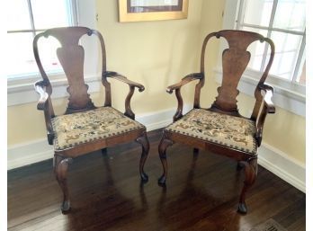 Pair Of George II Style Ca. 1900 Queen Anne Walnut Open Armchairs (CTF20)