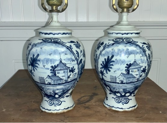 Pair Of Early Delft Vases / Lamps (CTF10)