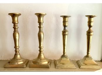 Two Pair Antique Square Base Brass Candlesticks (CTF10)
