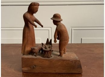 Vintage Carved Wood Folk Art Sculpture Of A Family (CTF10)