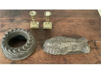 Two Antique Tin Molds And Candle Sticks (CTF10)