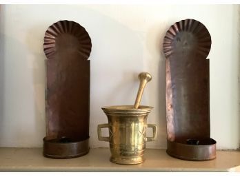 Copper Candle Sconces, Brass Mortar & Pestle (CTF10)