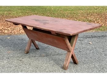 Red Painted Antique Sawbuck Harvest Table With Single Board Pine Top (CTF20)