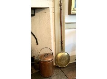 Copper Pail & Brass Bedwarmer With Tiger Maple Handle  (CTF10)