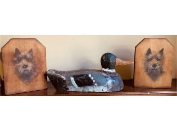 Carved Wooden Duck Decoy And Scotty Dog Decorated Bookends (CTF10)