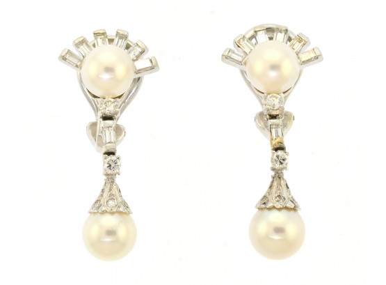 14k Gold Pearl And Diamond Earrings (CTF10)
