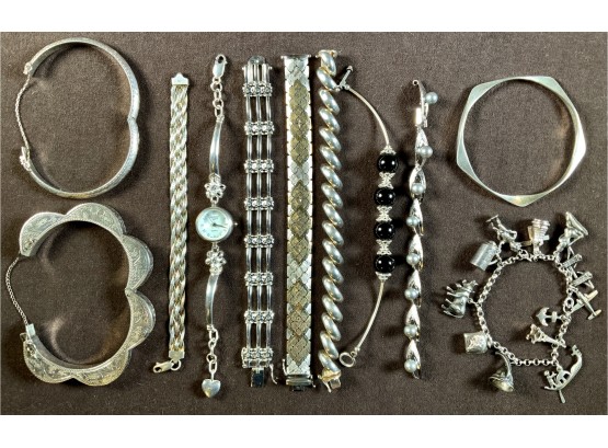 Large Assorted Sterling Silver Bracelet Lot, 11 Pieces, 186 Grams (CTF10)