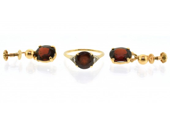 14k Gold Dark Red Garnet Ring & Earrings (CTF10)