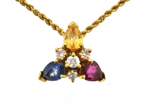 14k Necklace W/Gold Diamond, Ruby & Sapphire Pendant (CTF10)